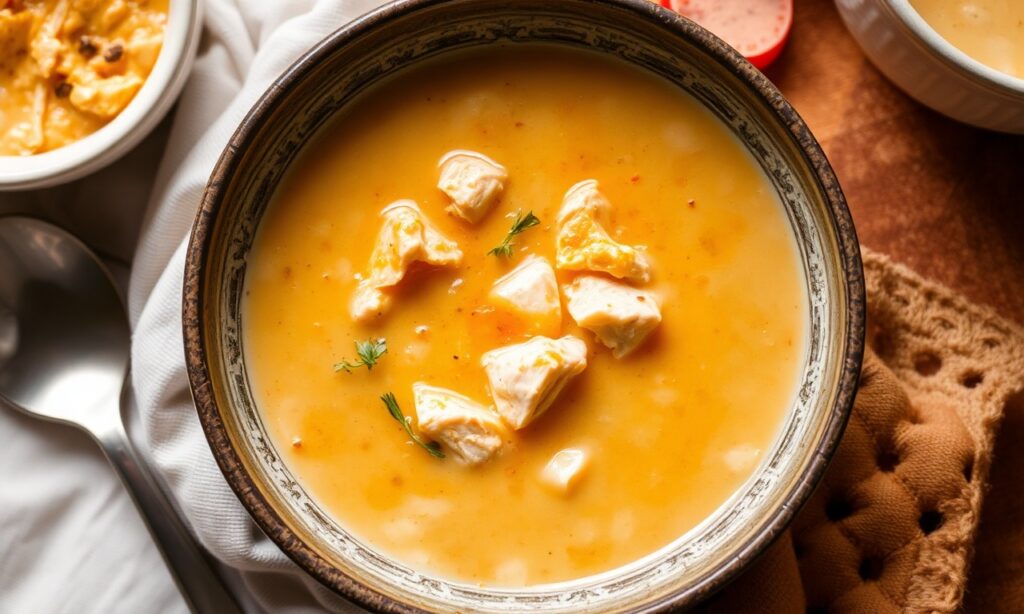 Creamy buffalo chicken soup, cozy comfort in a bowl.