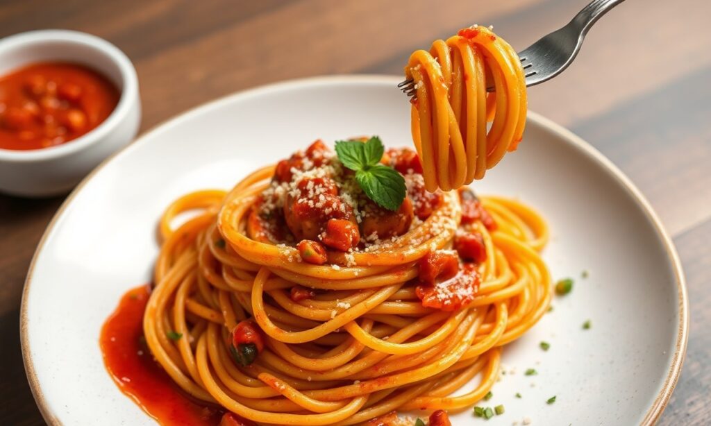 Spicy Gochujang Pasta: East meets West fusion recipe, flavorful and charred.
