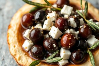 Flavorful marinated olives and feta, a Mediterranean delight.