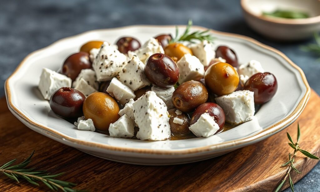 Bold marinated olives and feta, a Mediterranean delight.