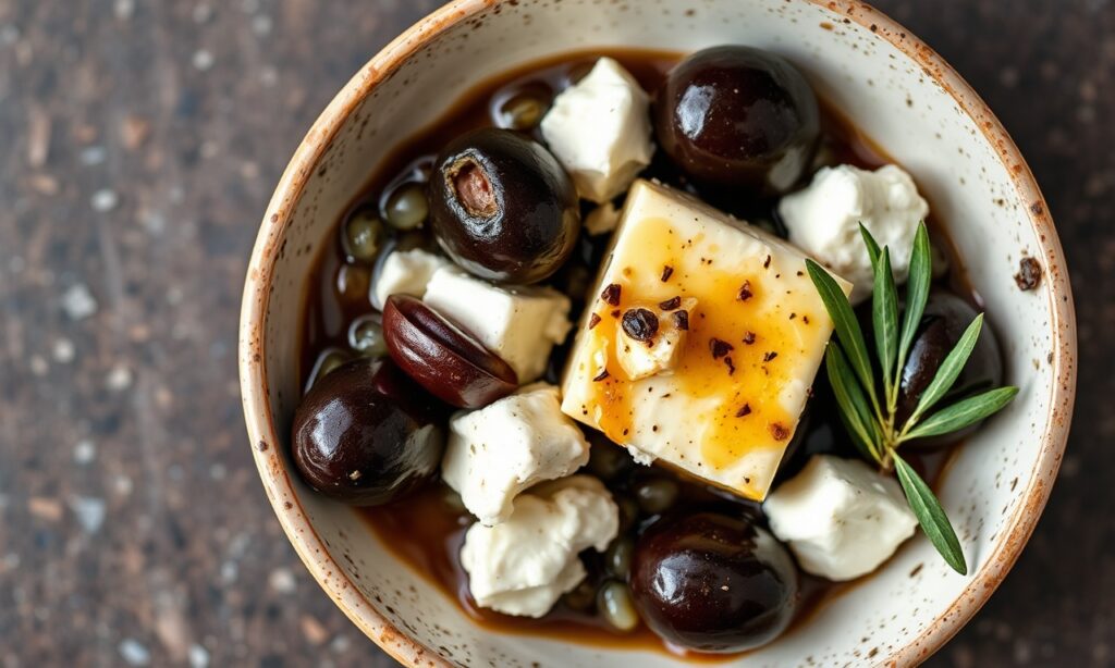 Delicious marinated olives and feta, a Mediterranean flavor delight.