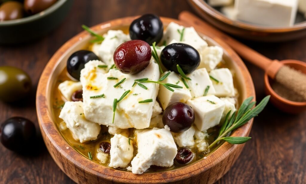 Delicious marinated olives and feta, a Mediterranean flavor delight.