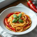 Velvety roasted red pepper pasta, rich and flavorful.