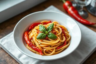 Velvety roasted red pepper pasta, rich and flavorful.