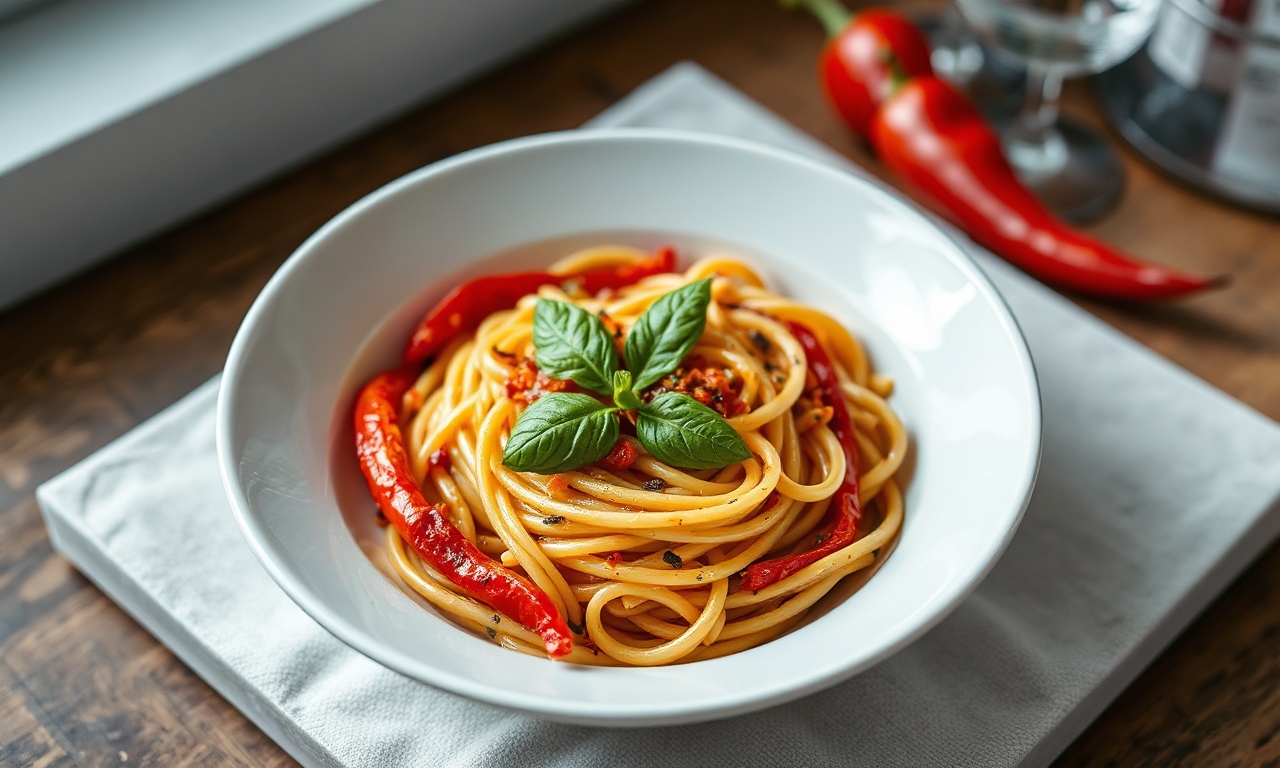 Velvety roasted red pepper pasta, rich and flavorful.