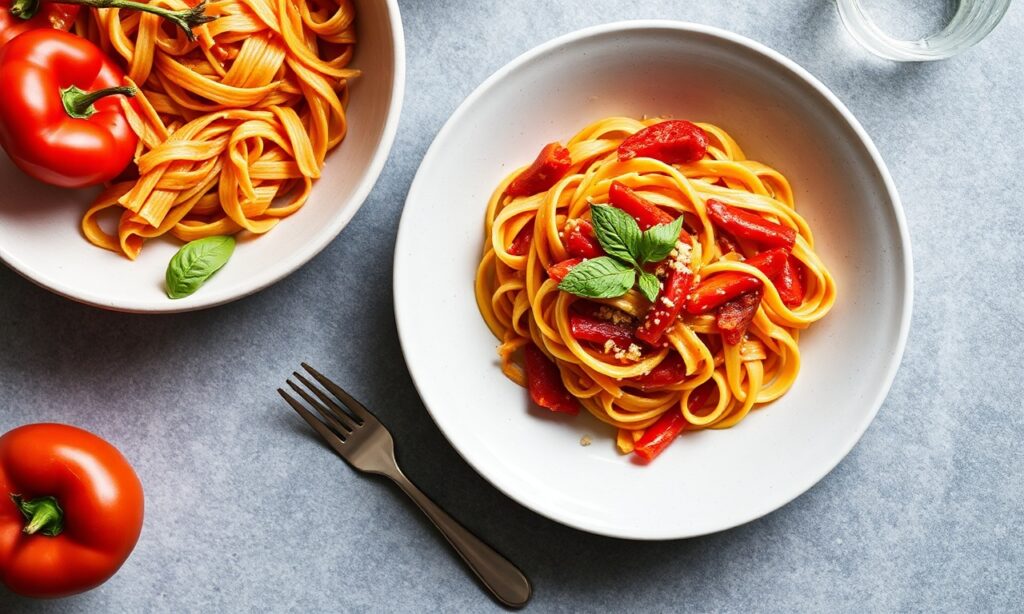 Velvety roasted red pepper pasta, a comforting and flavorful dish.