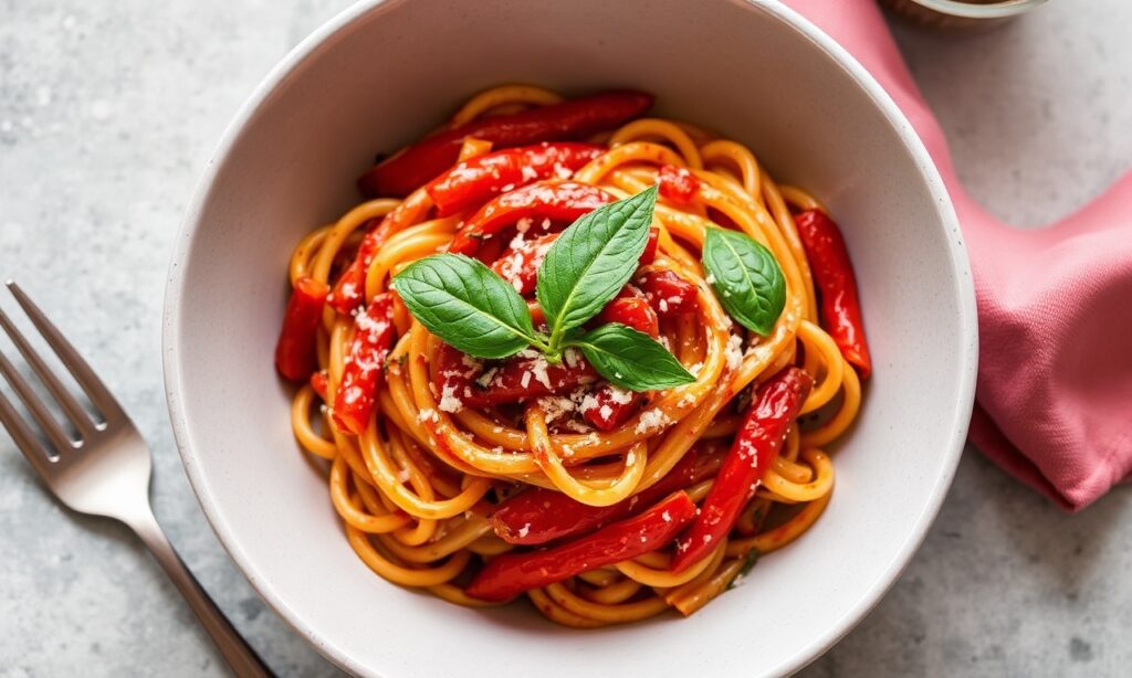 Velvety roasted red pepper pasta, a comforting and flavorful dish.