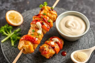 Juicy chicken skewers with Kewpie Mayo magic.