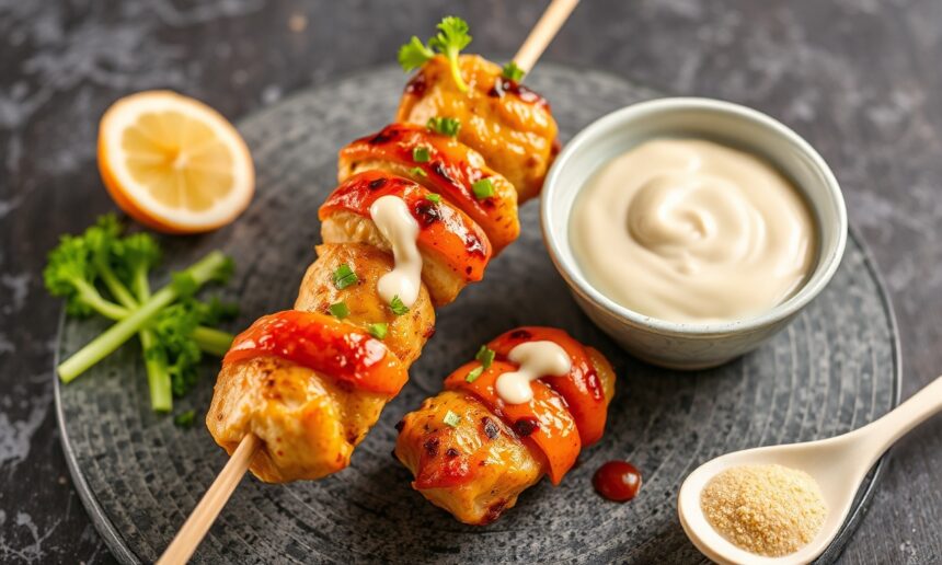 Juicy chicken skewers with Kewpie Mayo magic.