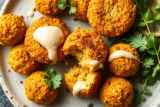 Golden baked falafel with creamy tahini drizzle delight.