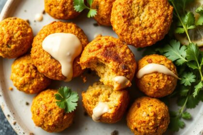 Golden baked falafel with creamy tahini drizzle delight.