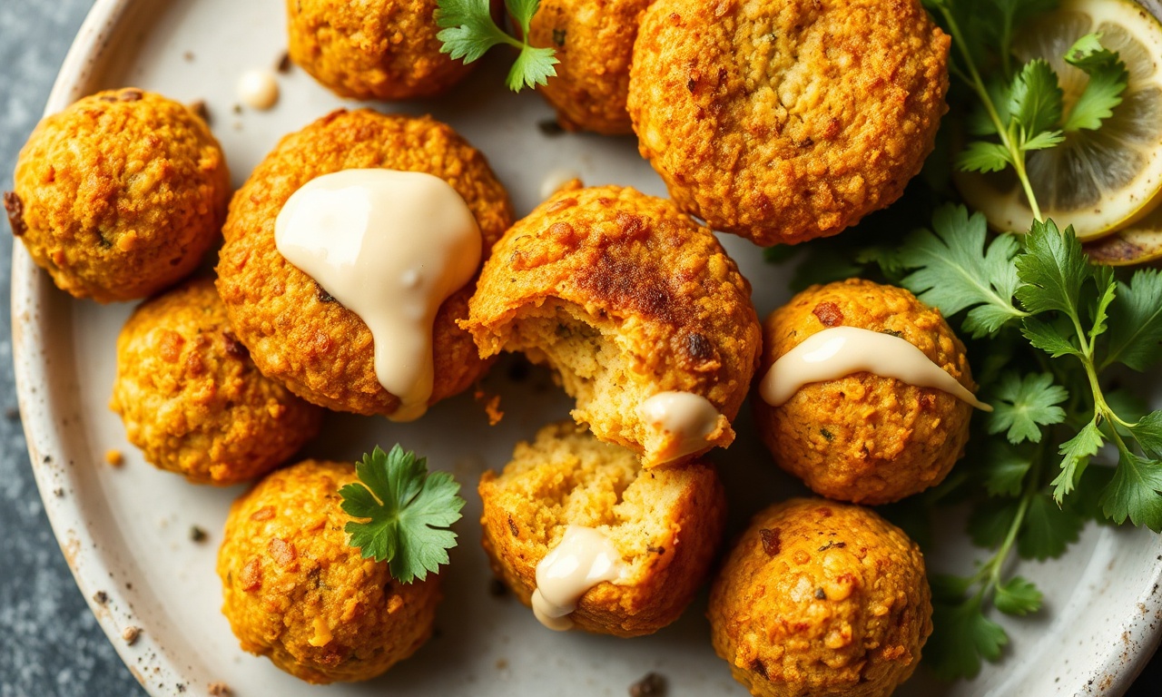 Golden baked falafel with creamy tahini drizzle delight.