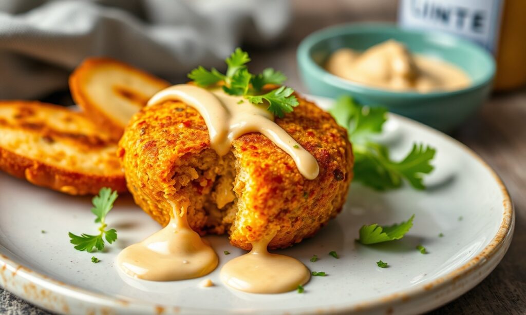 Golden baked falafel with creamy tahini drizzle, a crispy delight.