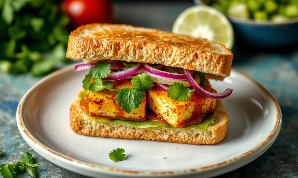 Vibrant Lemongrass Tofu Banh Mi sandwich, colorful, plant-powered.