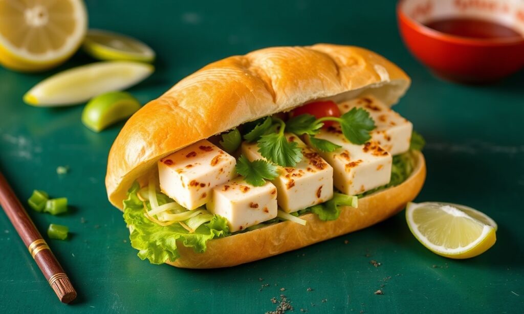 Lemongrass Tofu banh mi sandwich: crisp baguette, flavorful Vietnamese street food.