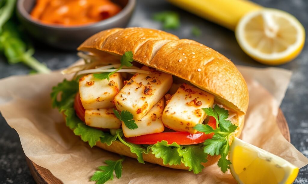 Lemongrass Tofu banh mi sandwich: crisp baguette, flavorful Vietnamese street food.