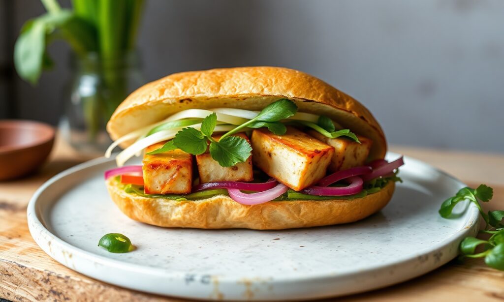 Lemongrass Tofu banh mi sandwich: crisp baguette, flavorful Vietnamese street food.
