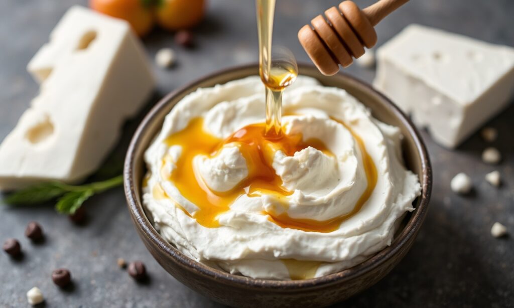 Creamy whipped feta with honey: sweet, savory, delightful blog food.