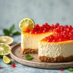 Zesty cheesecake delight with lime and edible caviar.
