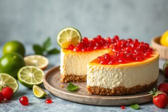 Zesty cheesecake delight with lime and edible caviar.