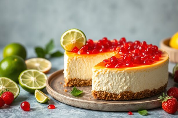 Zesty cheesecake delight with lime and edible caviar.