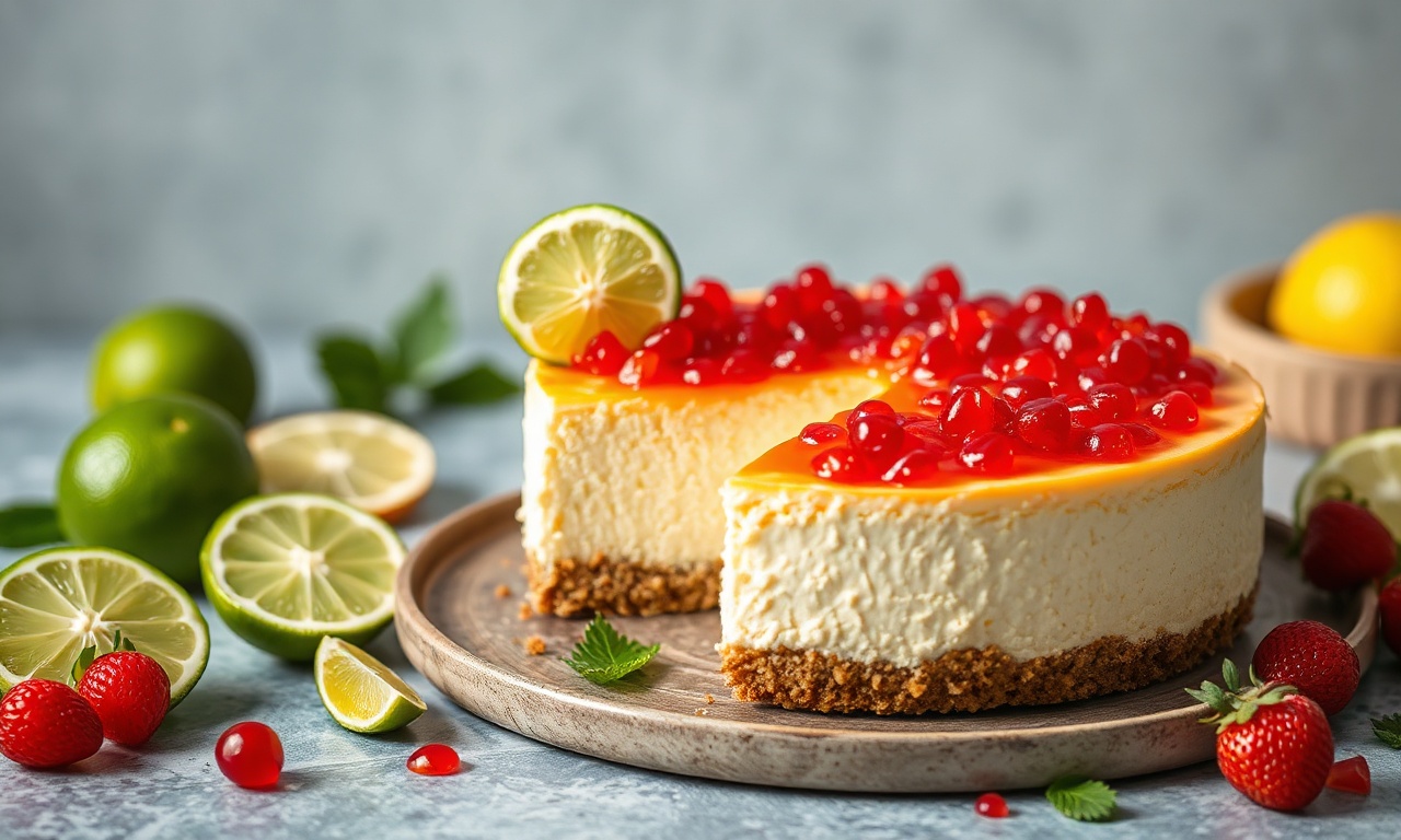 Zesty cheesecake delight with lime and edible caviar.