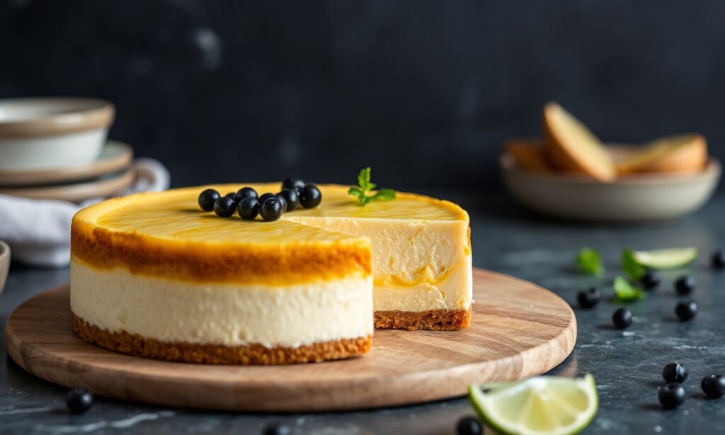 Zesty cheesecake with lime and dessert caviar, a delightful, indulgent adventure.