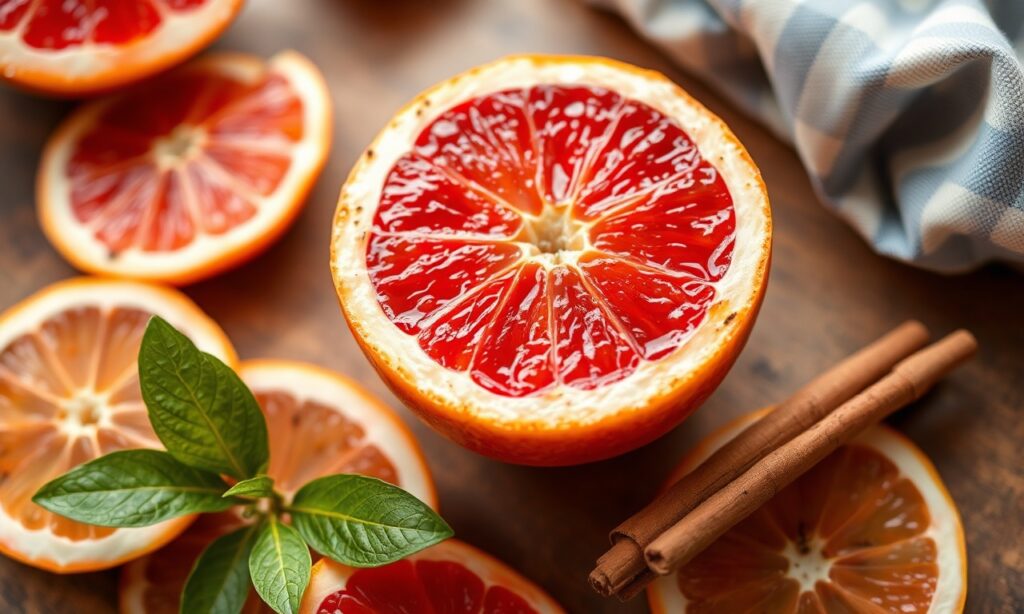 Zesty broiled grapefruit with cinnamon, a bright citrus twist.