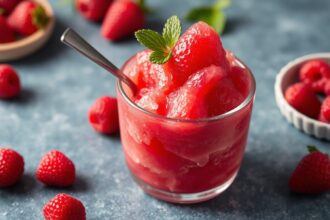 Refreshing raspberry sorbet, perfect summer treat.