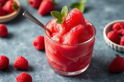 Refreshing raspberry sorbet, perfect summer treat.