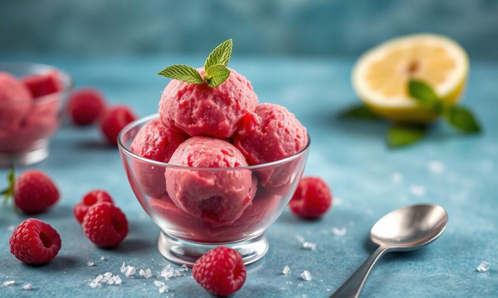 Refreshing raspberry sorbet: summer bliss captured in every spoonful.