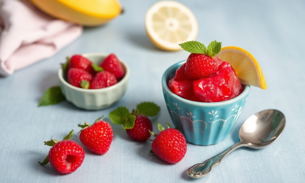 Refreshing raspberry sorbet, a perfect summer treat.
