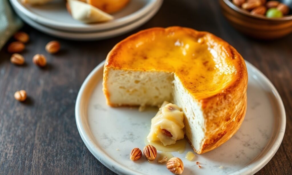 Golden baked brie: creamy, sweet, nutty delight, perfect appetizer.