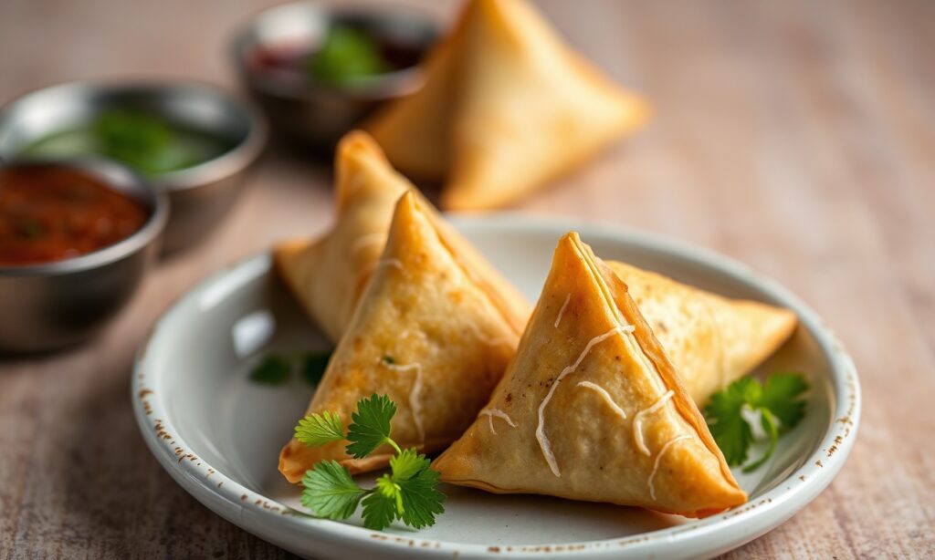 Crispy beef samosas, savory delight, culinary craftsmanship, comforting bite.