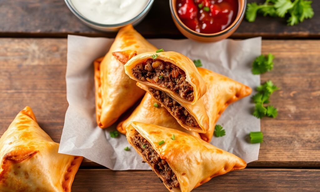Golden, crispy beef samosas: a savory delight to savor.