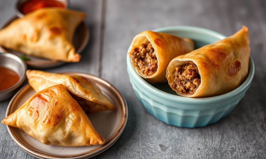 Golden, crispy beef samosas: a savory delight to savor.