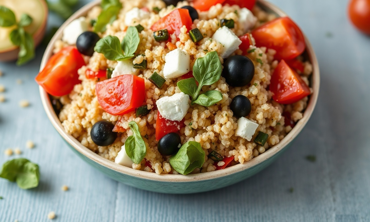 Flavorful Greek quinoa salad with vibrant Mediterranean ingredients.