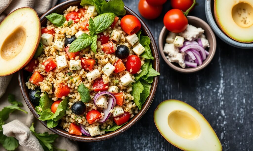 Flavorful Greek quinoa salad with vibrant Mediterranean ingredients.