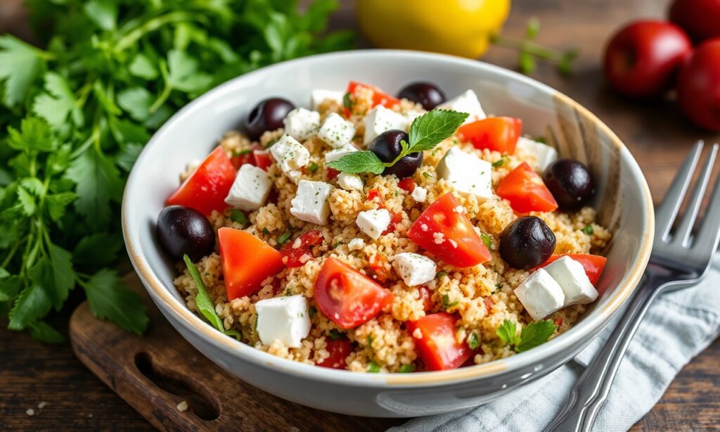 Flavorful Greek quinoa salad: vibrant Mediterranean twist, fresh vegetables.