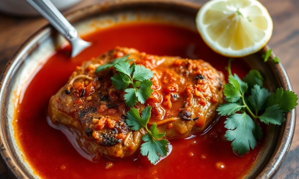 Savoring Pipian Rojo with tender chicken: rich, flavorful Mexican tradition.