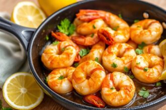 Zesty lemon garlic shrimp, keto delight, easy one-pan meal.