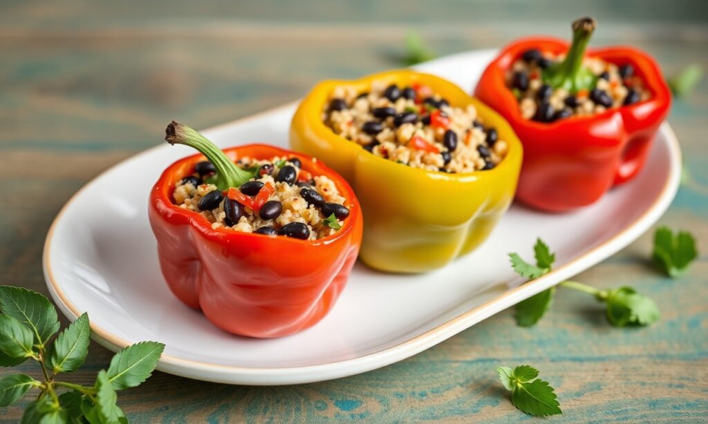 Colorful quinoa and black bean stuffed peppers recipe.