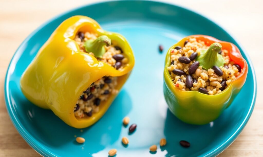 Colorful quinoa and black bean stuffed peppers recipe.