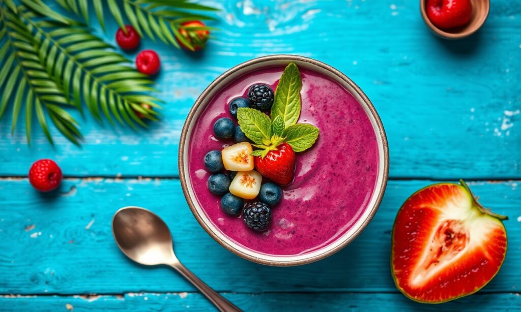 Crafting perfect homemade açaí bowl: bright, vibrant, tropical goodness.