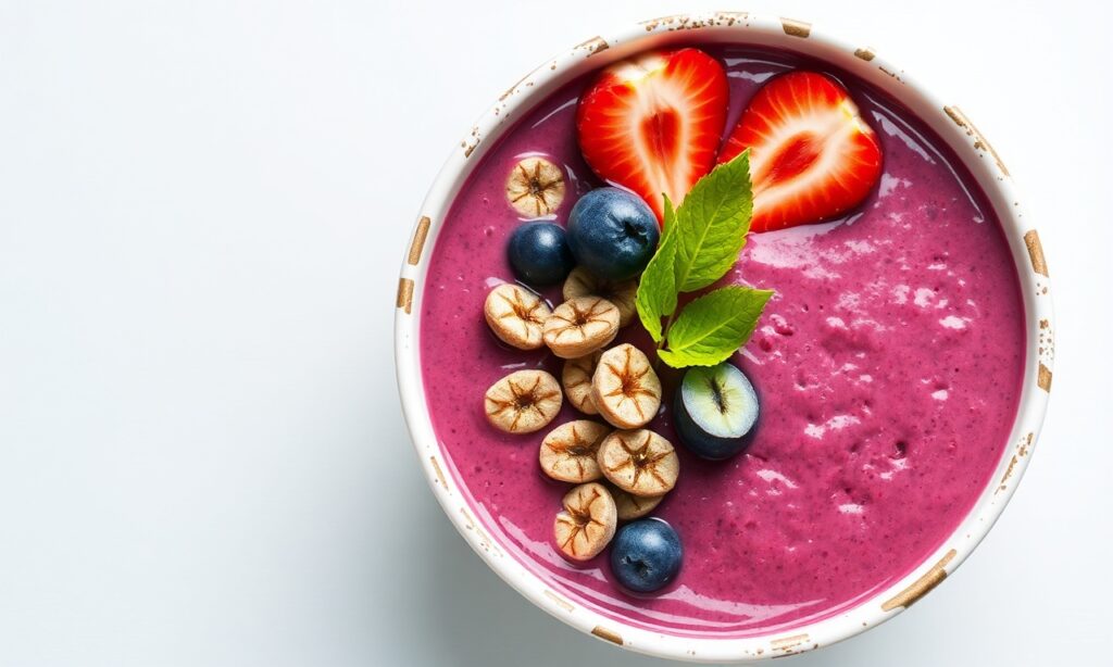 Crafting perfect homemade açaí bowl: bright, vibrant, tropical goodness.
