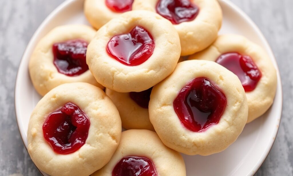 Buttery jam thumbprint cookies with fruity goodness.