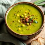Hearty Vegetarian Split pea soup, comforting and flavorful bowl.