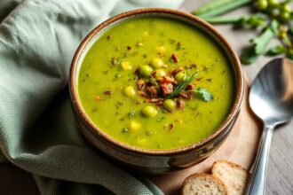 Hearty Vegetarian Split pea soup, comforting and flavorful bowl.