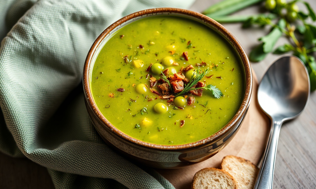 Hearty Vegetarian Split pea soup, comforting and flavorful bowl.