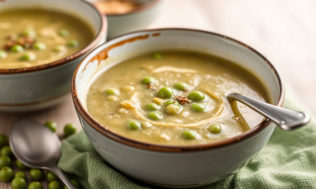 Hearty vegetarian split pea soup, a comforting, flavorful bowl.